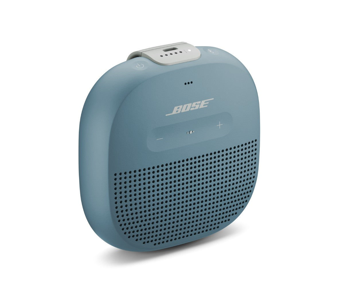 Bose SoundLink Micro Bluetooth speaker in blue, front angle showcasing speaker grill, volume controls, and multifunction button.