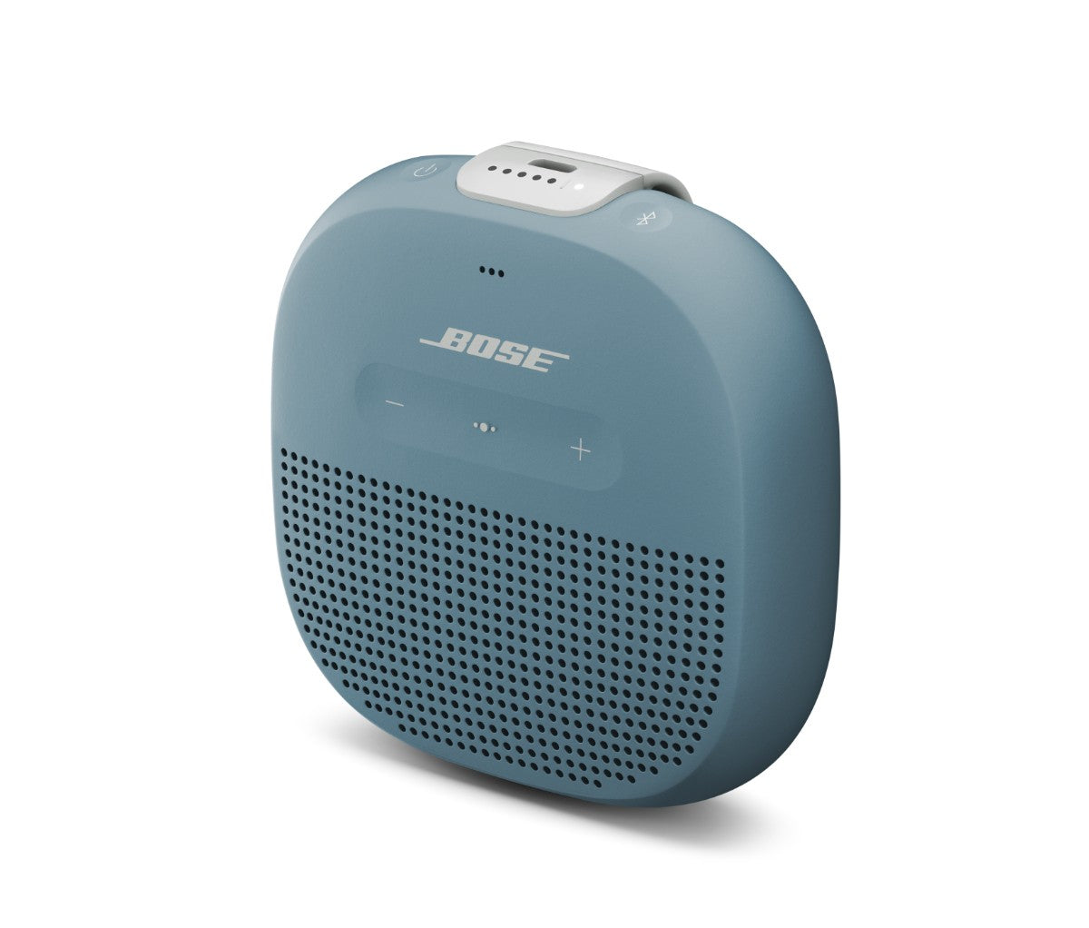 Bose SoundLink Micro Bluetooth speaker in blue with compact design, rugged waterproof build, and integrated control buttons for portable audio.