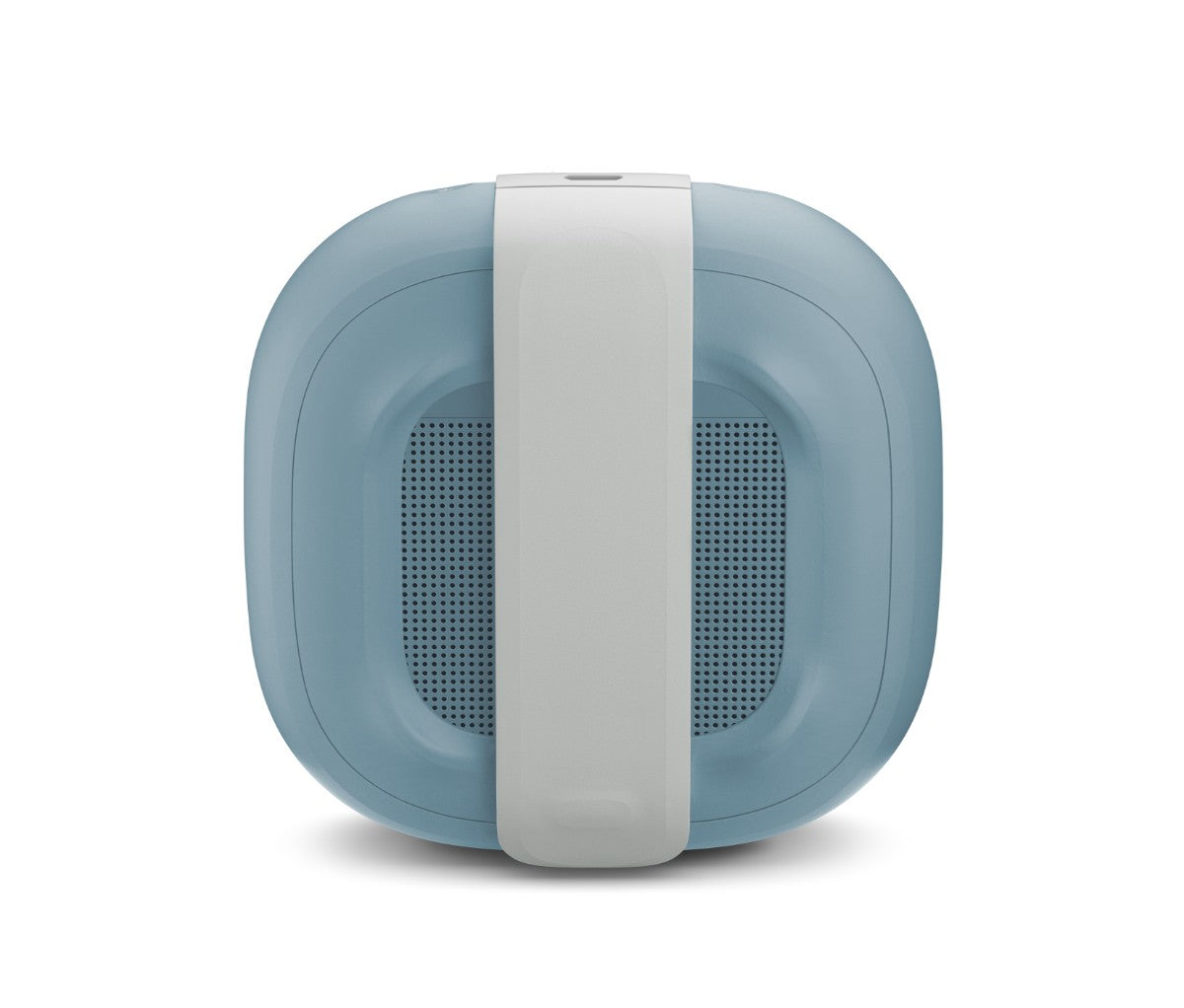 Bose SoundLink Micro Bluetooth speaker rear view showing rugged silicone strap for easy attachment to backpacks or bikes.