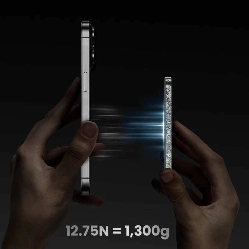 Two hands holding a smartphone and a textured gray MagSafe-compatible accessory, positioned apart with blue light beams representing magnetic attraction. The text "12.75N = 1,300g" is displayed below, highlighting the accessory's strong magnetic attachment force. The dark background emphasizes the futuristic and functional design.