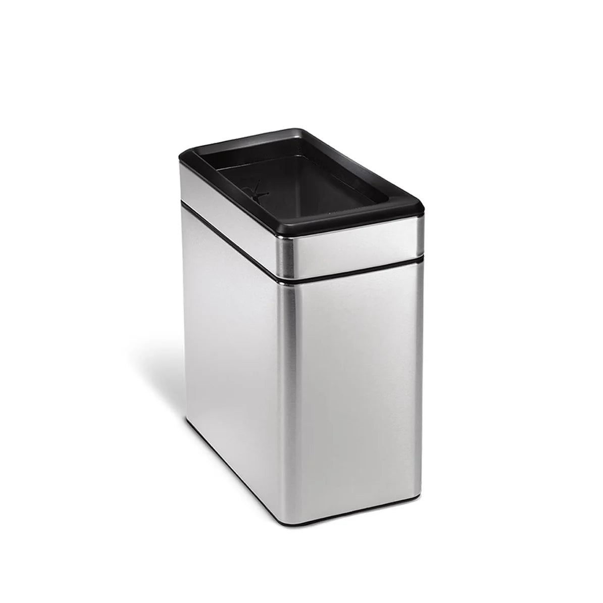 The image shows a sleek, rectangular stainless steel trash can with a modern design. The trash can features a black lid that fits snugly on top, creating a clean and seamless appearance. The body of the trash can is made of polished stainless steel, giving it a stylish and contemporary look. The compact, rectangular shape makes it ideal for fitting into tight spaces, such as between cabinets or in a corner. The design is both functional and aesthetically pleasing, making it suitable for use in kitchens, off