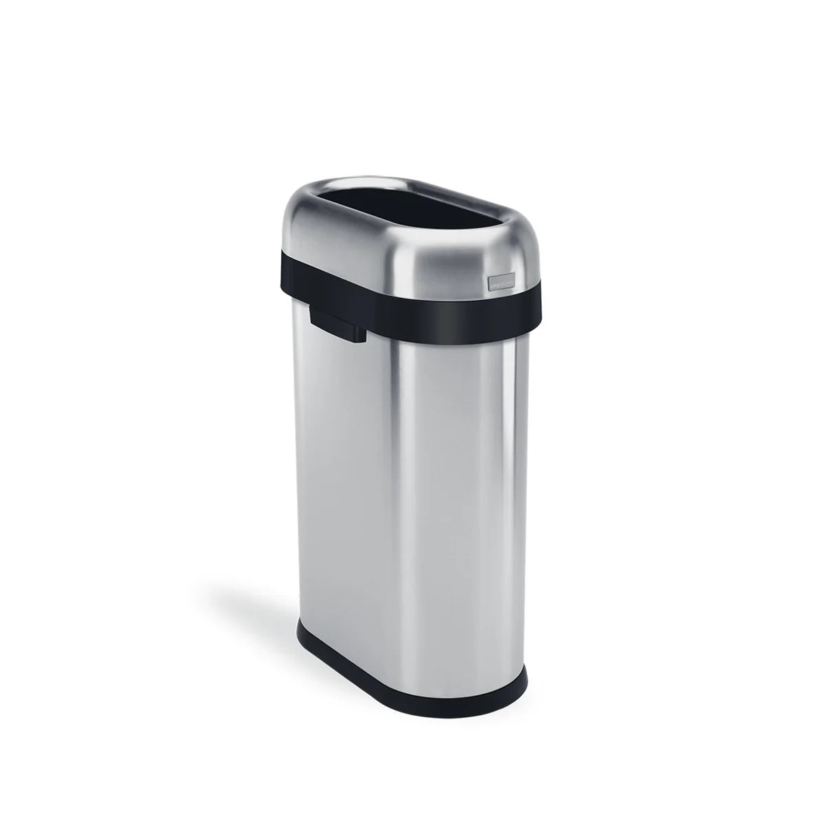 The image shows a sleek, rectangular stainless steel trash can with a black, dome-shaped open-top lid. The trash can features black accents around the lid and base, giving it a modern and stylish appearance. The open-top design allows for easy and quick disposal of waste, making it ideal for high-traffic areas such as kitchens, offices, or public spaces. The polished stainless steel finish adds a touch of elegance, combining both functionality and aesthetic appeal in a compact design.