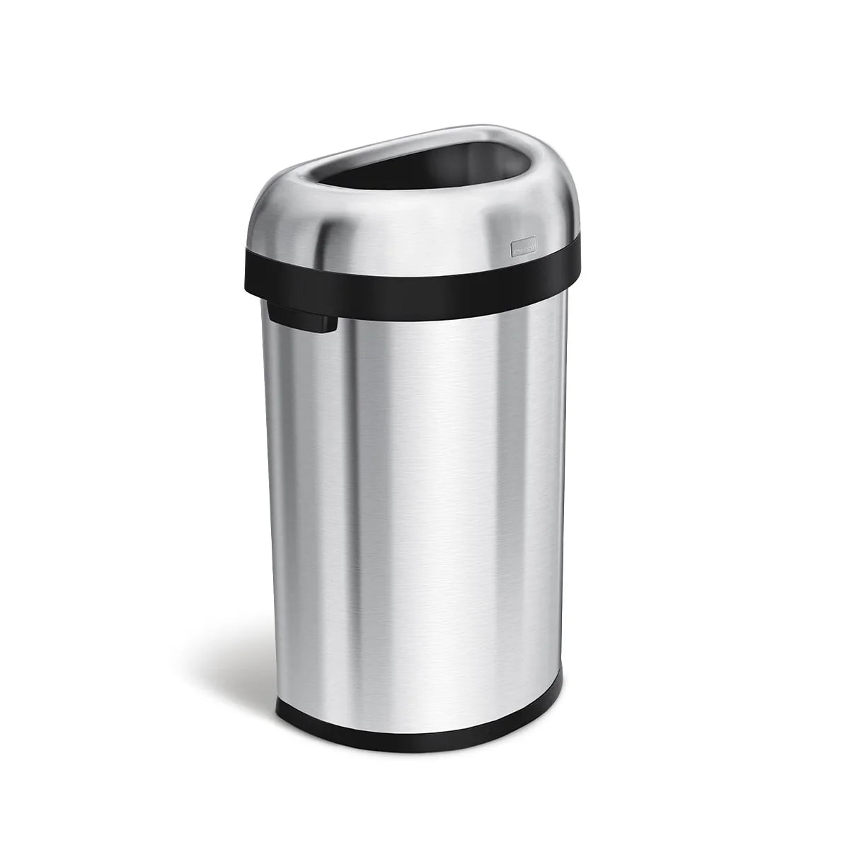 The image shows a stainless steel trash can with a unique, oval-shaped open-top lid. The trash can features black accents around the lid and base, providing a modern and sleek appearance. The open-top design allows for easy disposal of waste, making it ideal for high-traffic areas such as kitchens, offices, or public spaces. The polished stainless steel finish adds a touch of elegance, making this trash can both functional and stylish.