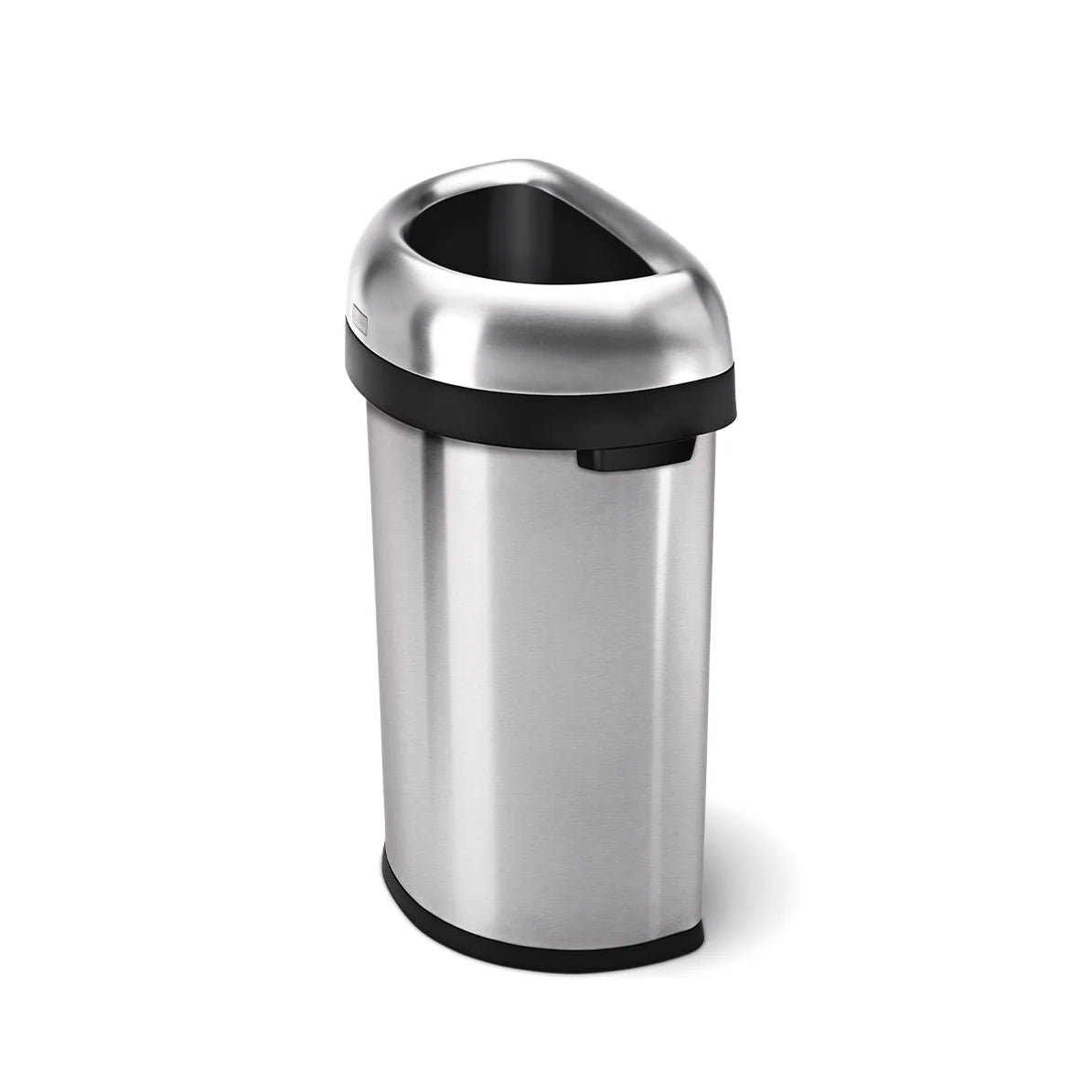 The image shows a stainless steel trash can with a unique, dome-shaped open-top lid. The trash can has black accents around the lid and base, giving it a modern and sleek appearance. The open-top design is practical for easy and quick disposal of waste, making it ideal for busy environments like offices, kitchens, or public spaces. The compact, space-saving design adds to its functionality, while the stainless steel finish ensures it blends well with various decor styles.