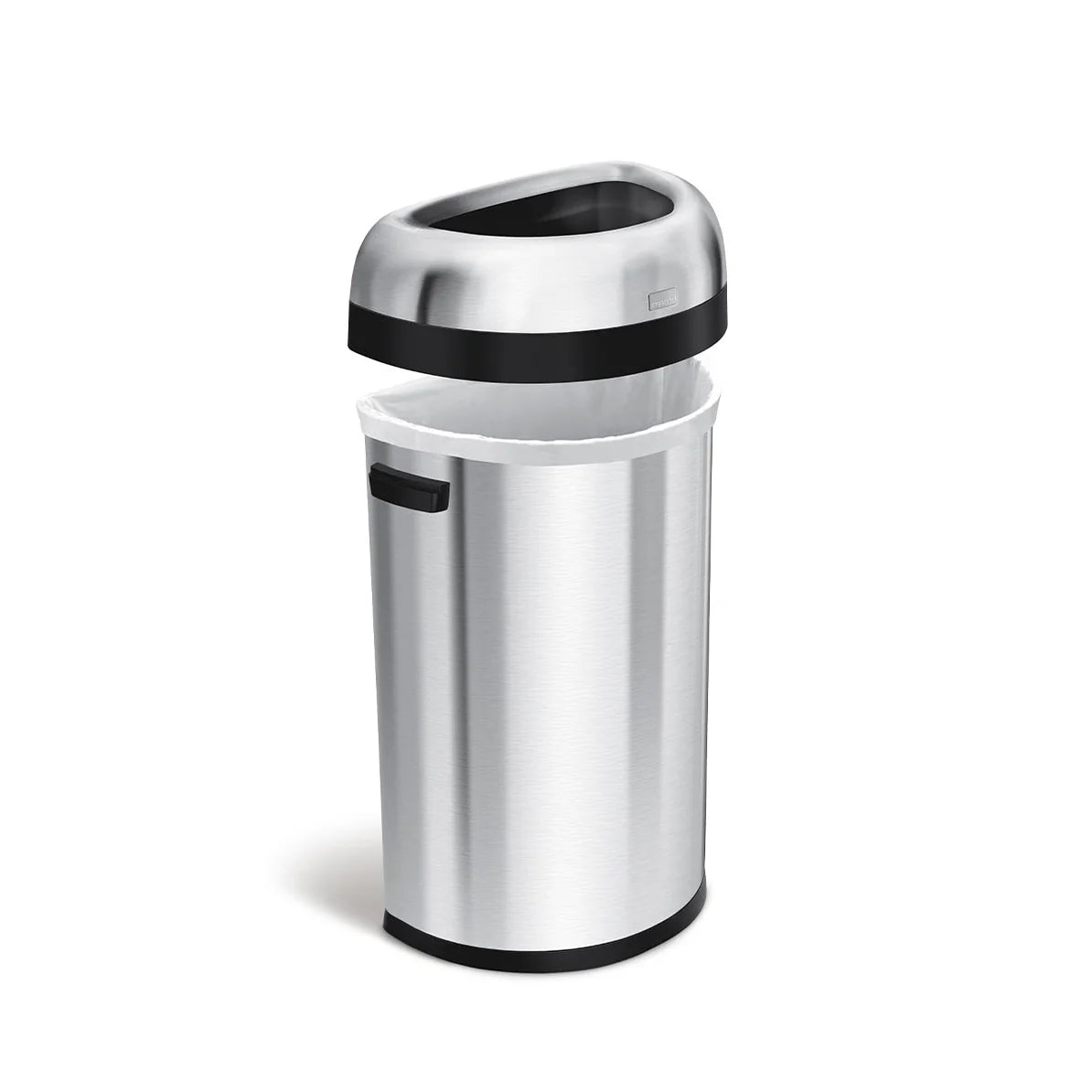 The image displays a stainless steel trash can with a dome-shaped, open-top lid. The trash can features black accents around the lid and base, as well as integrated side handles for easy maneuverability. The open-top design is ideal for high-traffic areas, allowing for quick and convenient disposal of waste. Its sleek, modern appearance makes it a stylish and functional addition to various settings, such as offices, commercial spaces, or public areas.