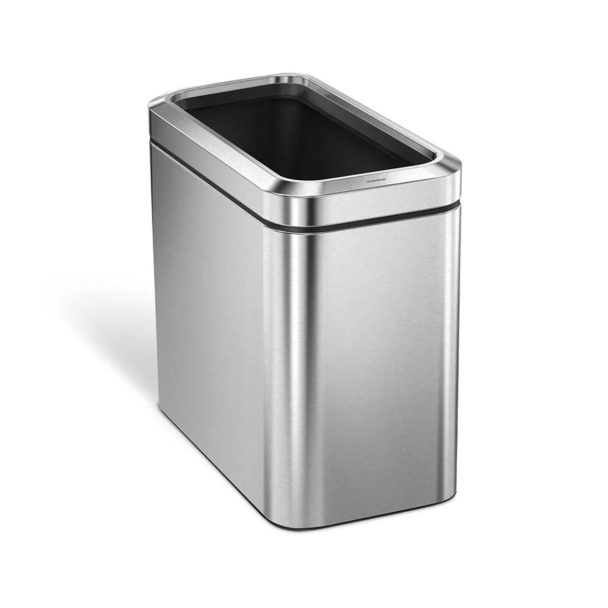 The image shows a sleek, rectangular stainless steel trash can with a modern and minimalist design. The trash can features smooth, rounded edges and a polished finish, giving it a contemporary appearance. The open top is accented with black, providing a stylish contrast to the stainless steel body. The trash can's compact shape and clean lines make it ideal for fitting into various spaces, such as kitchens, offices, or bathrooms, where both functionality and aesthetic appeal are important. This design ensur