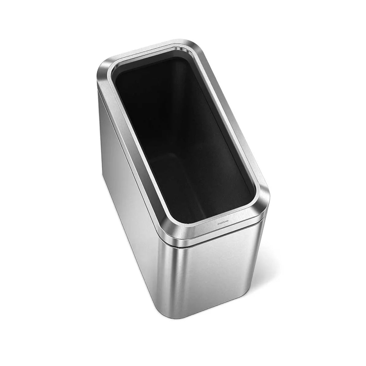 The image shows a top-down view of a sleek, rectangular stainless steel trash can with a modern design. The trash can features smooth, rounded edges and a polished finish, giving it a contemporary look. The interior of the trash can is black, creating a striking contrast with the stainless steel exterior. The open-top design allows for easy disposal of waste. The compact and stylish appearance makes it an ideal addition to various spaces, such as offices, kitchens, or bathrooms, where both functionality and