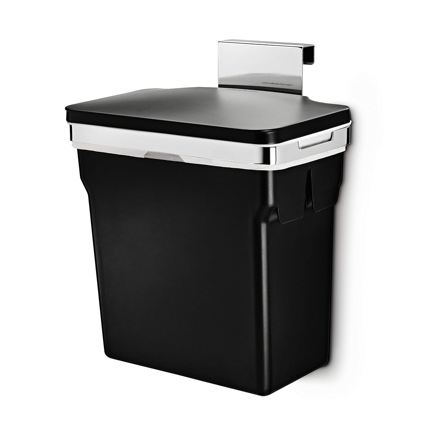 This image showcases a black hanging trash bin designed for use inside cabinets. It features a rectangular shape with smooth corners, a secure lid, and a metallic mounting bracket. The bin is space-efficient, ideal for minimizing clutter while keeping waste out of sight in the kitchen or bathroom. The elegant black finish combined with metallic details provides a modern and sophisticated look that complements various decor styles.