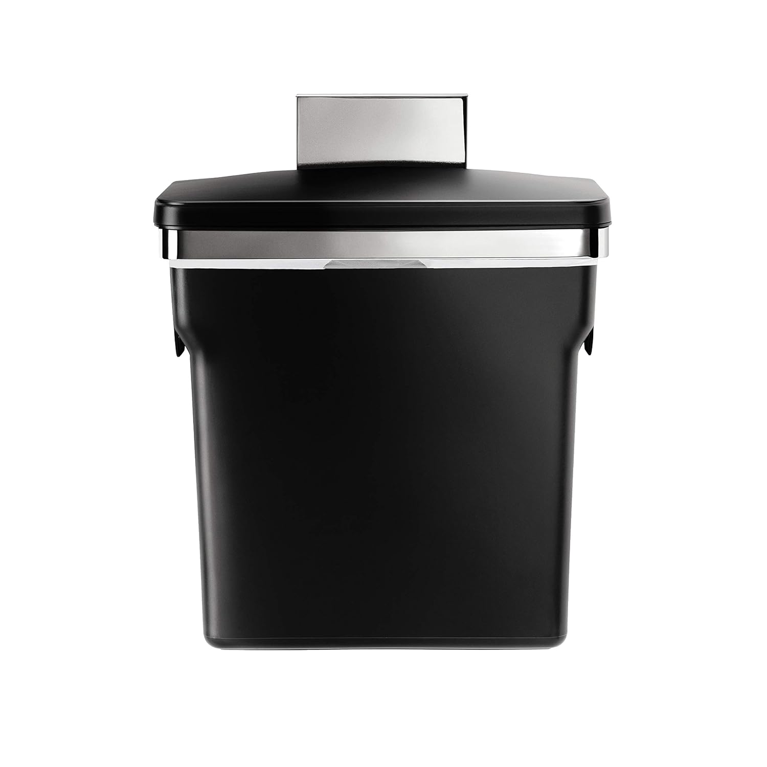 This image shows a sleek black trash bin with a minimalist design, featuring a sturdy lid and a polished metal bracket for mounting. The bin is designed to hang neatly on the inside of a cabinet door, saving space and keeping waste hidden while maintaining easy access. The combination of the matte black body and metallic accents gives it a modern and stylish appearance, suitable for contemporary kitchen or office settings.