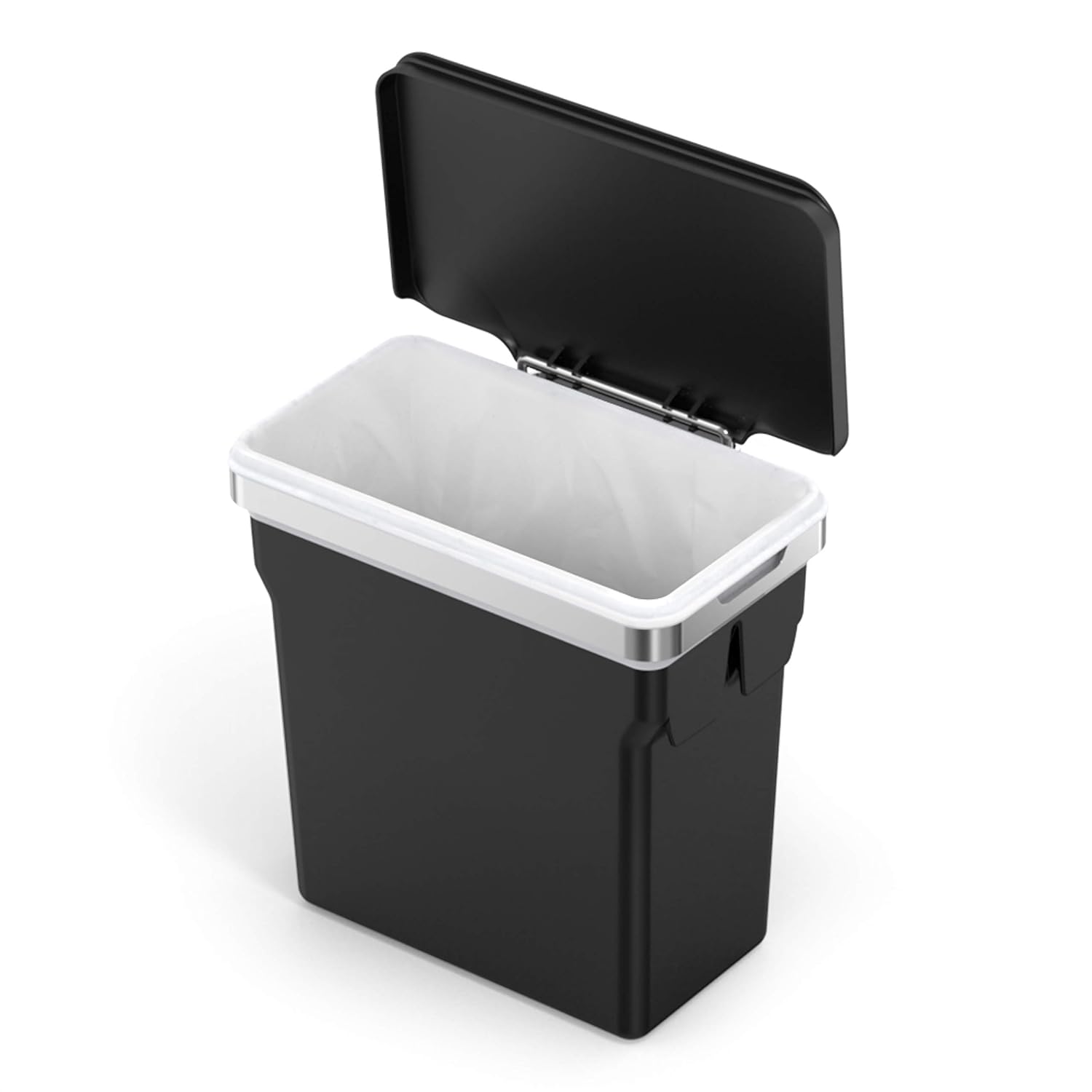 This image features a sleek black trash bin with a modern, minimalist design. The bin has a hinged lid that opens upward, providing easy access to the interior, which holds a fitted liner bag. The design is enhanced by a contrasting white rim around the opening, adding a touch of elegance and functionality, as it helps secure the liner in place. This bin would be a stylish and practical addition to any kitchen or workspace.