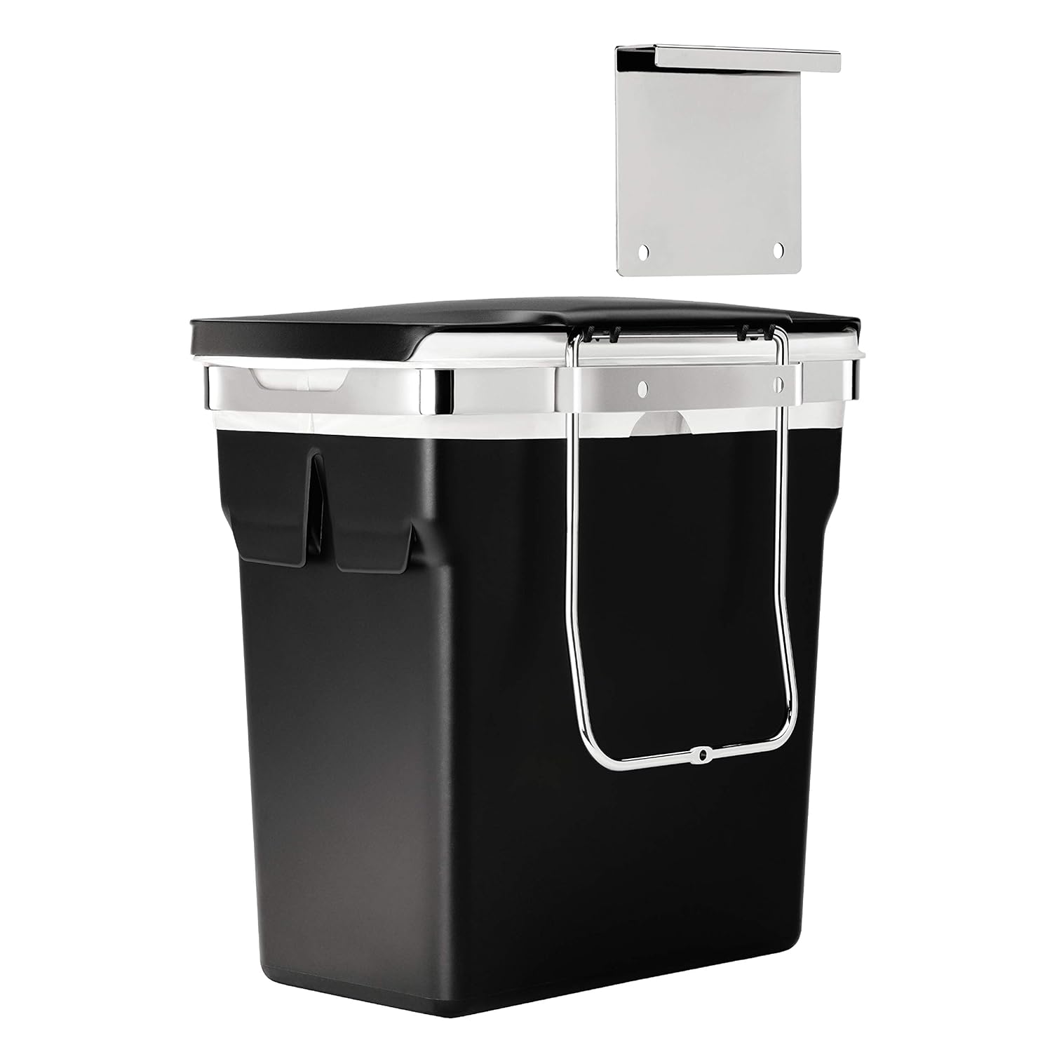 This image showcases a sleek black and chrome hanging trash bin with a detachable mounting hook. The bin appears compact and stylish, making it suitable for efficient waste management in a kitchen or workspace. The mounting hook allows for convenient hanging on cabinet doors, providing easy access while keeping the bin off the ground.