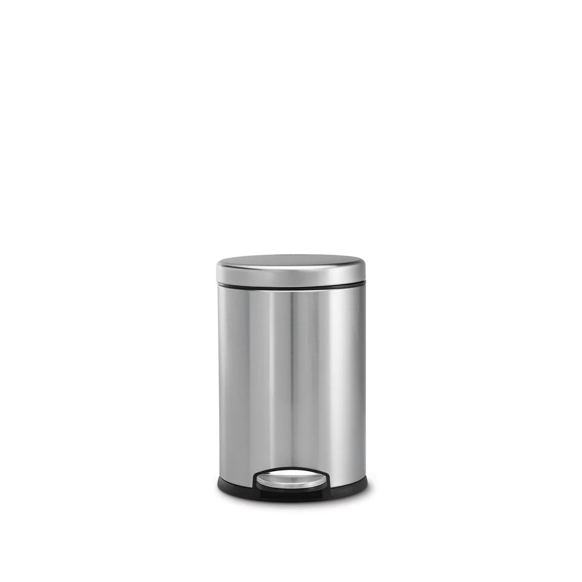 The image shows a small, stainless steel cylindrical trash can with a polished finish. It features a foot pedal at the base for hands-free operation, with black accents around the base and pedal area. The trash can has a sleek, modern design, making it an ideal choice for small spaces like bathrooms or offices where both functionality and aesthetics are important. The compact size and clean lines add to its versatility and appeal in various settings.