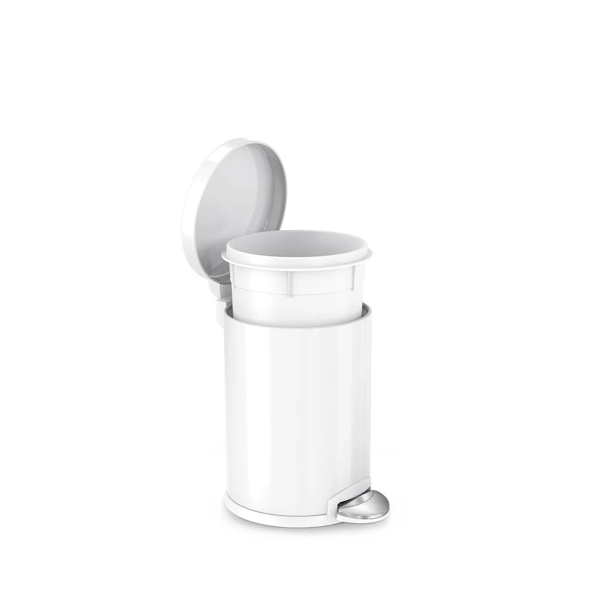 The image shows a sleek, white cylindrical trash can with its lid open, revealing the inner removable bucket. The trash can features a foot pedal for hands-free operation and has a clean, minimalist design. The open lid demonstrates the ease of use and accessibility, making it simple to remove the inner bucket for emptying and cleaning. The all-white finish adds to its modern and fresh look, making it a perfect addition to any bathroom or small space where style and functionality are important.