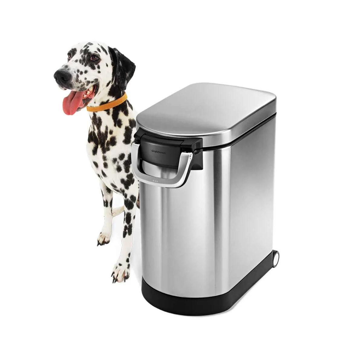 The image shows a sleek, rectangular stainless steel trash can with a flat-top lid and an integrated black handle. The trash can has a polished finish and features a black base with wheels on the back, making it easy to move. Standing beside the trash can is a happy Dalmatian dog with a black and white spotted coat, wearing an orange collar. The dog is sitting with its tongue out, adding a playful and lively element to the scene. The image highlights the trash can's durable and pet-friendly design, suggesti