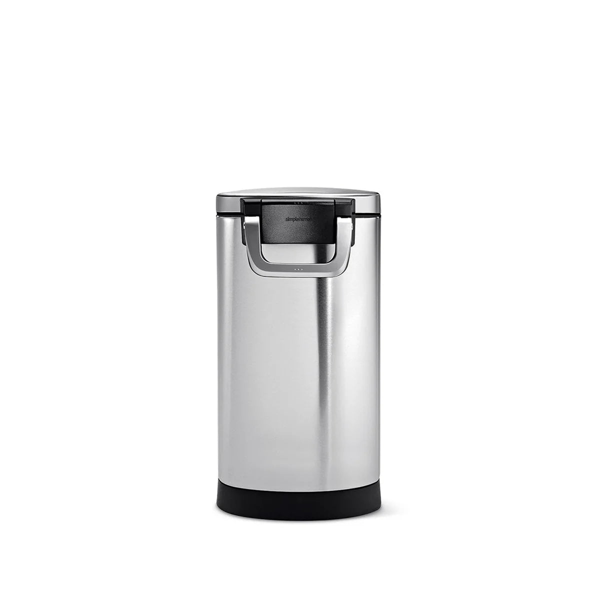 The image shows a cylindrical stainless steel trash can with a sleek, polished finish. The trash can features a flat-top lid with a black handle integrated just below it, which provides an easy grip for opening and closing. The base of the trash can is black, offering a subtle contrast to the stainless steel body. This modern and functional design makes the trash can suitable for various settings, such as kitchens, offices, or other spaces where a stylish and practical waste management solution is required.