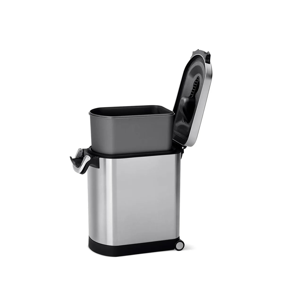 The image shows a sleek, rectangular stainless steel trash can with the lid open, revealing a removable inner bin. The trash can has a modern design with a polished finish, a black base, and a handle on the side for easy maneuverability. The inner bin, which is grey, is lifted slightly above the rim of the trash can, making it easy to remove for emptying or cleaning. The lid features a secure hinge and a built-in handle for convenient opening and closing. The trash can also has small wheels on the back, add