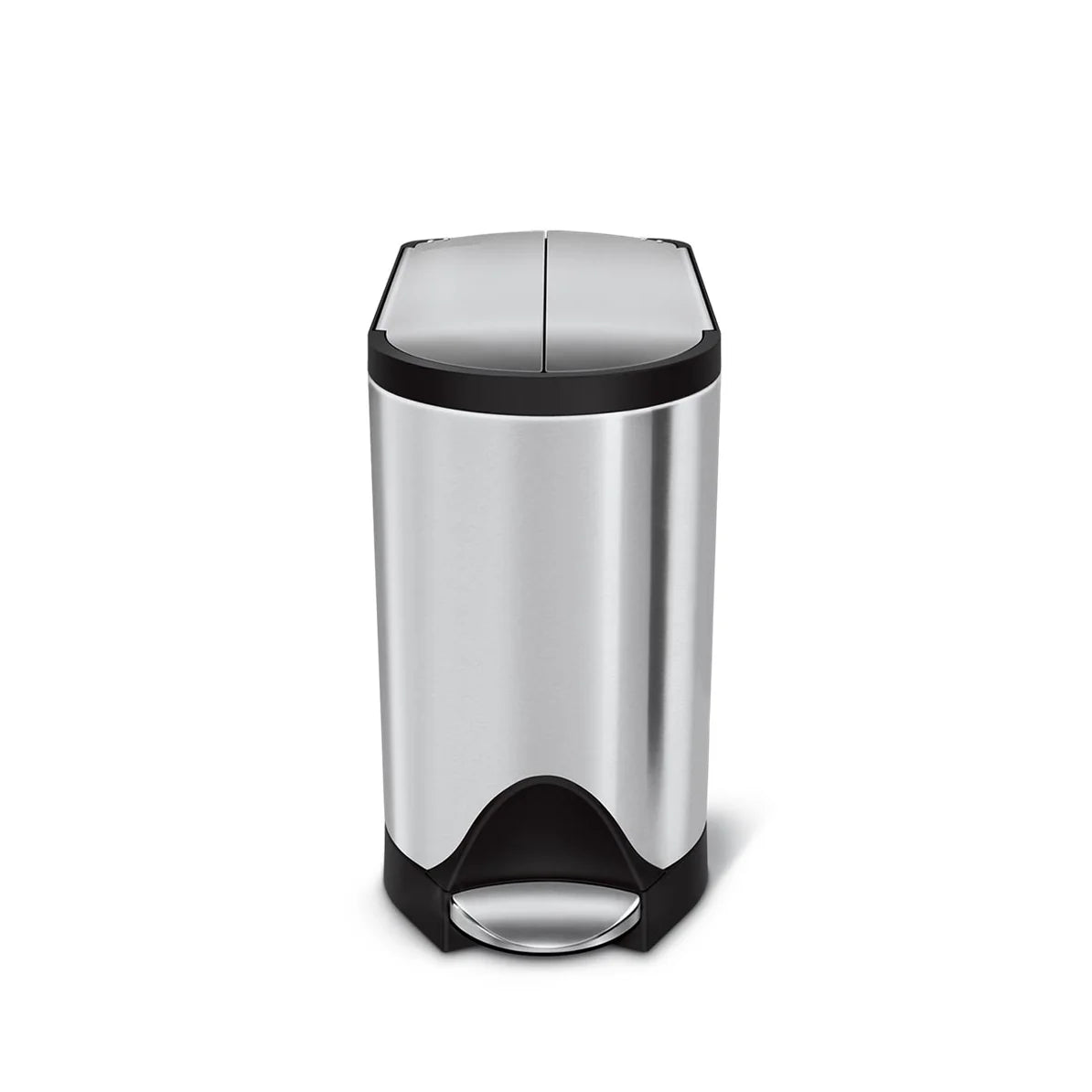 The image shows a front view of a stainless steel trash can with a sleek, rectangular design. The trash can features a foot pedal at the base for hands-free operation, with black accents around the base and lid, providing a modern and stylish appearance. The compact design is ideal for fitting into tight spaces while maintaining functionality and aesthetic appeal. The closed lid gives the trash can a clean and streamlined look, making it a practical and attractive addition to any room.