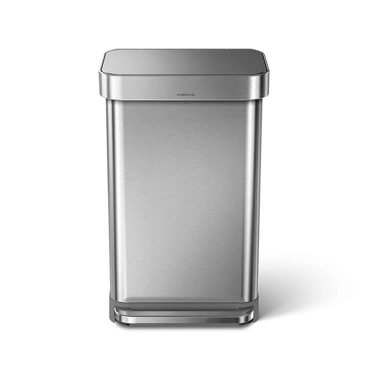 The image shows a front view of a Simplehuman trash can with a brushed stainless steel finish. The can has a rectangular shape with slightly rounded corners, and the lid is closed, giving it a clean and polished look. The Simplehuman logo is subtly placed on the front of the lid. The foot pedal at the base is also made of brushed stainless steel, matching the overall design of the can. The design is modern and sleek, making it a stylish and functional addition to contemporary kitchens, bathrooms, or offices