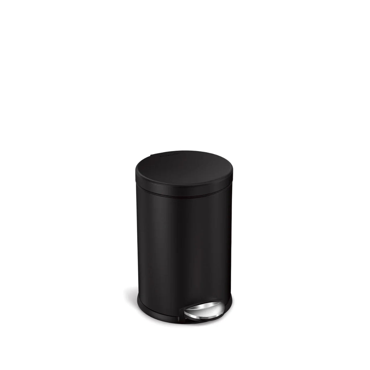 The image displays a sleek, black cylindrical trash can with a minimalist design. The trash can features a foot pedal for hands-free operation and has a matte finish, giving it a modern and sophisticated look. Its compact size and streamlined shape make it ideal for smaller spaces, such as bathrooms or offices, where style and functionality are equally important. The design is simple yet elegant, making it a versatile addition to various interior settings.