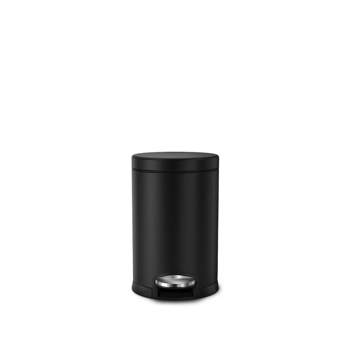 The image shows a sleek, black cylindrical trash can with a foot pedal for hands-free operation. The trash can has a matte finish, contributing to its modern and minimalist design. The compact and tall shape makes it ideal for small spaces, such as bathrooms or kitchens, where both style and functionality are important. The clean lines and simple design make this trash can a versatile and elegant addition to any room.