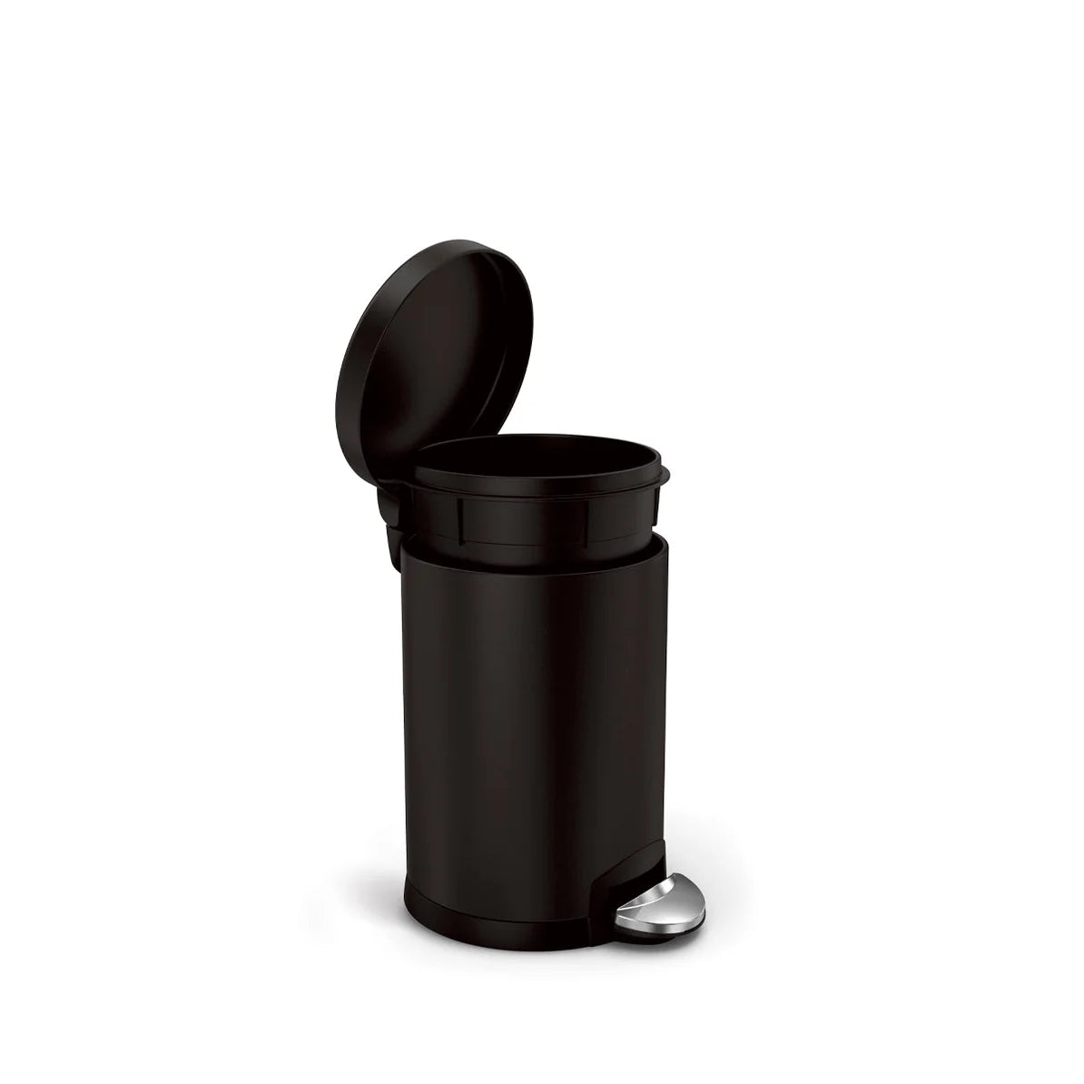 The image displays a sleek, black cylindrical trash can with its lid open, revealing the interior. The trash can features a foot pedal for hands-free operation, with a matte finish that adds to its modern and minimalist design. The open lid shows the removable inner bucket, making it easy to empty and clean. This compact and functional design is ideal for small spaces such as bathrooms or kitchens, offering both convenience and style. The clean lines and simple appearance make it a versatile addition to any