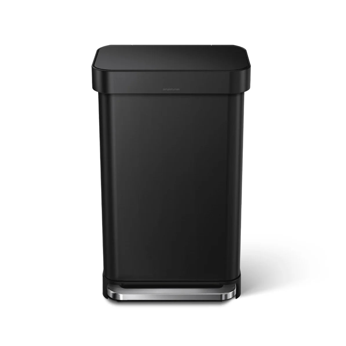 The image shows a front view of a black Simplehuman trash can. The can has a rectangular shape with slightly rounded corners and a sleek, matte black finish. The foot pedal at the base has a metallic finish, adding a touch of sophistication to the design. The Simplehuman logo is subtly placed on the front of the lid. The overall design is modern, minimalist, and functional, making it a stylish and practical addition to any room, particularly kitchens or offices where both aesthetics and functionality are im