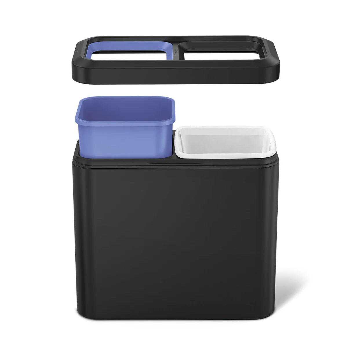 The image shows a sleek, rectangular black trash can with a dual-compartment design. The lid of the trash can is removed and positioned above the can, revealing two separate inner bins—one blue and one white—designed for waste separation, such as recycling and general trash. The lid has two openings corresponding to the compartments, creating a clean and organized look when in place. The smooth, matte finish and rounded edges of the trash can give it a modern and minimalist appearance, making it a functiona