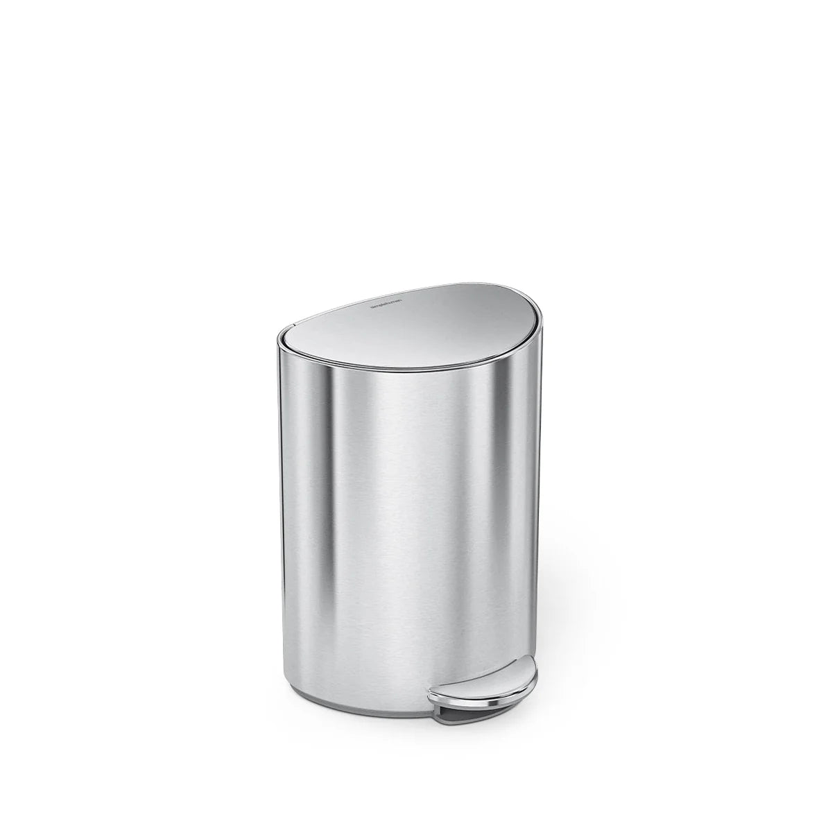 The image features a sleek, stainless steel trash can with a modern, oval shape. The trash can is equipped with a foot pedal for hands-free operation, positioned at the bottom front. The lid of the can is smooth and rounded, complementing the overall minimalist design. The stainless steel construction suggests durability and ease of cleaning, making it a practical yet stylish addition to any space, particularly in kitchens or offices where both functionality and appearance are important. The design emphasiz