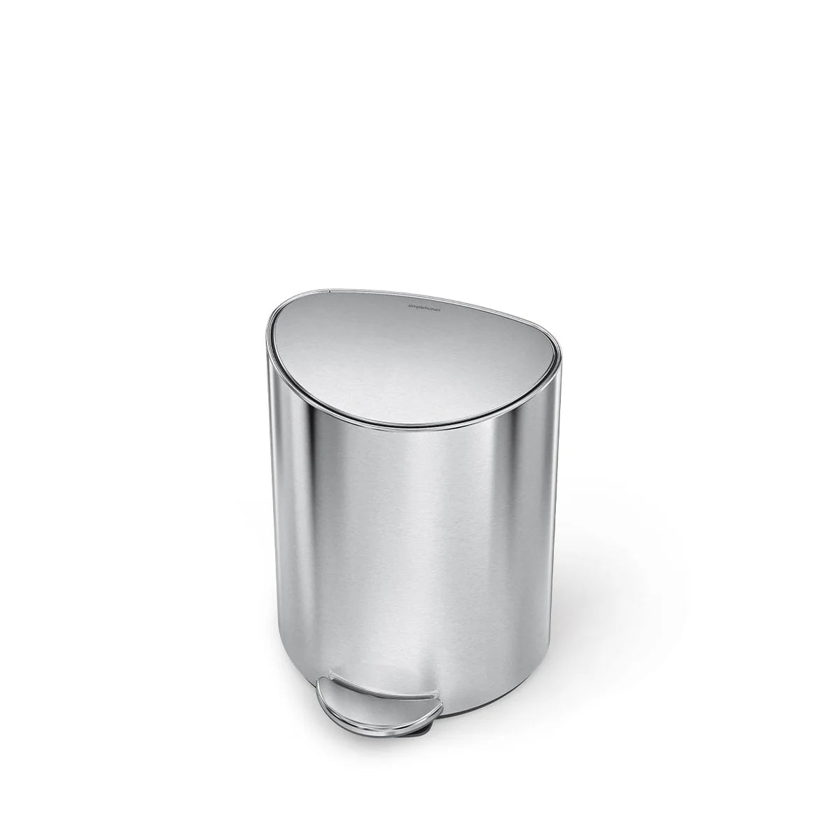 The image shows a stainless steel trash can with a smooth, oval design. The trash can features a foot pedal at the front, allowing for hands-free operation. The lid is slightly curved, giving the can a modern and sophisticated appearance. The stainless steel finish enhances its sleek look and suggests durability and ease of maintenance. This design is likely intended for high-end or contemporary spaces, where both aesthetics and functionality are valued. The overall impression is of a well-crafted, practica