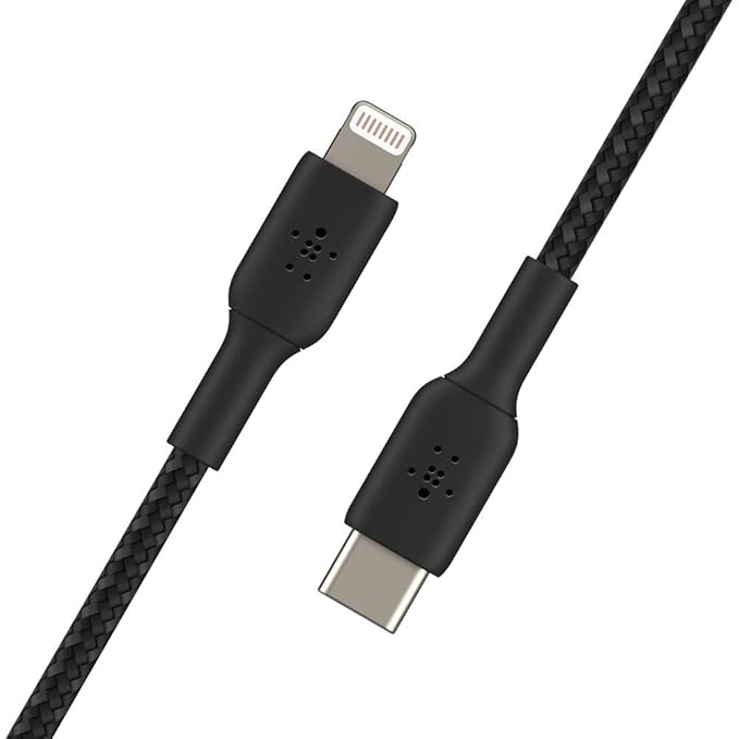 Belkin USB-C to Lightning braided charging cable, durable and fast-charging compatible.