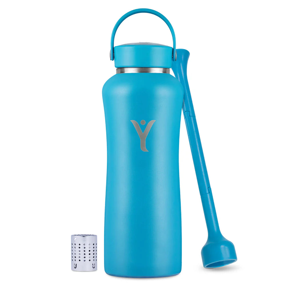 A Sky Blue-colored DYLN water bottle with a silver cap and an integrated handle. The bottle has a sleek design with the DYLN logo prominently displayed in the center. Accompanying the bottle are two accessories: a blue straw-like tool and a small metallic diffuser cap, designed to enhance the water's alkalinity. The overall aesthetic is modern and functional, making it a stylish and practical hydration solution.