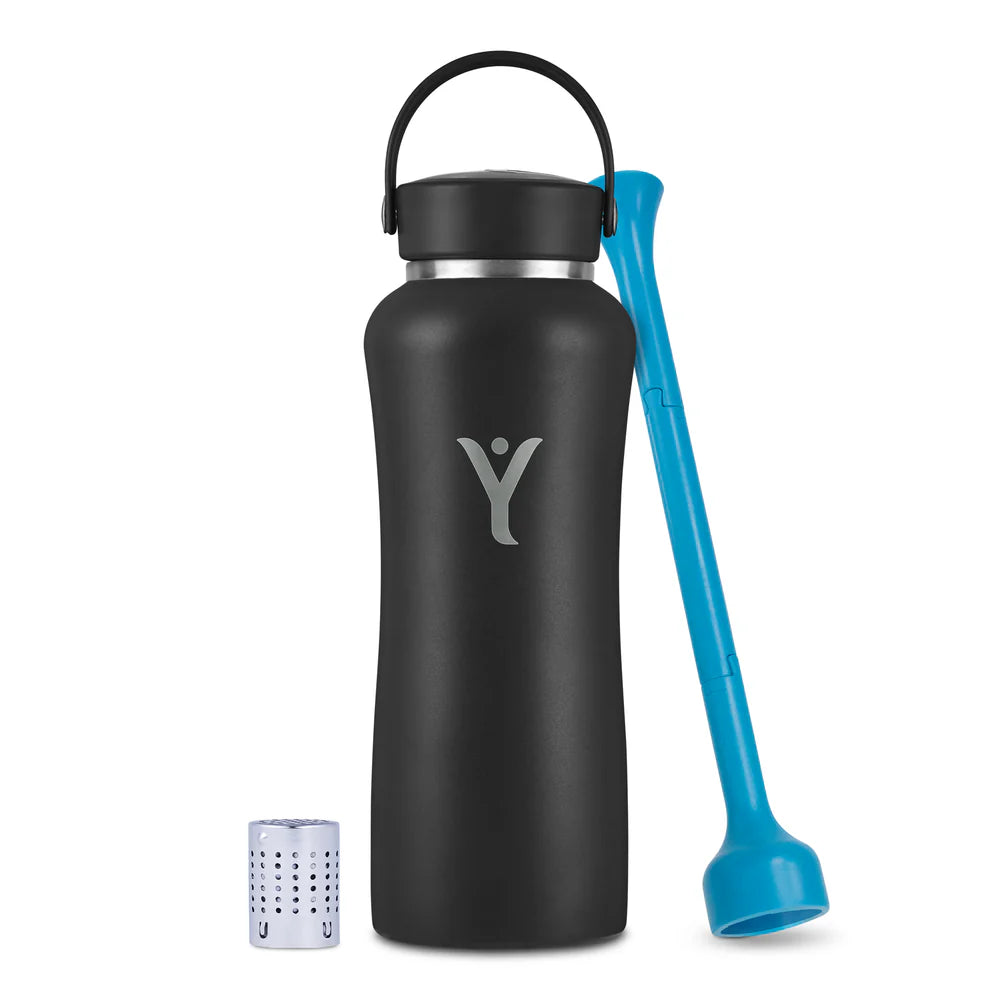 A Black-colored DYLN water bottle with a silver cap and an integrated handle. The bottle has a sleek design with the DYLN logo prominently displayed in the center. Accompanying the bottle are two accessories: a blue straw-like tool and a small metallic diffuser cap, designed to enhance the water's alkalinity. The overall aesthetic is modern and functional, making it a stylish and practical hydration solution.
