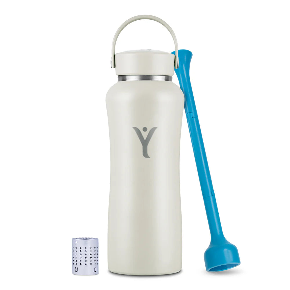 A beige-colored DYLN water bottle with a silver cap and an integrated handle. The bottle has a sleek design with the DYLN logo prominently displayed in the center. Accompanying the bottle are two accessories: a blue straw-like tool and a small metallic diffuser cap, designed to enhance the water's alkalinity. The overall aesthetic is modern and functional, making it a stylish and practical hydration solution.