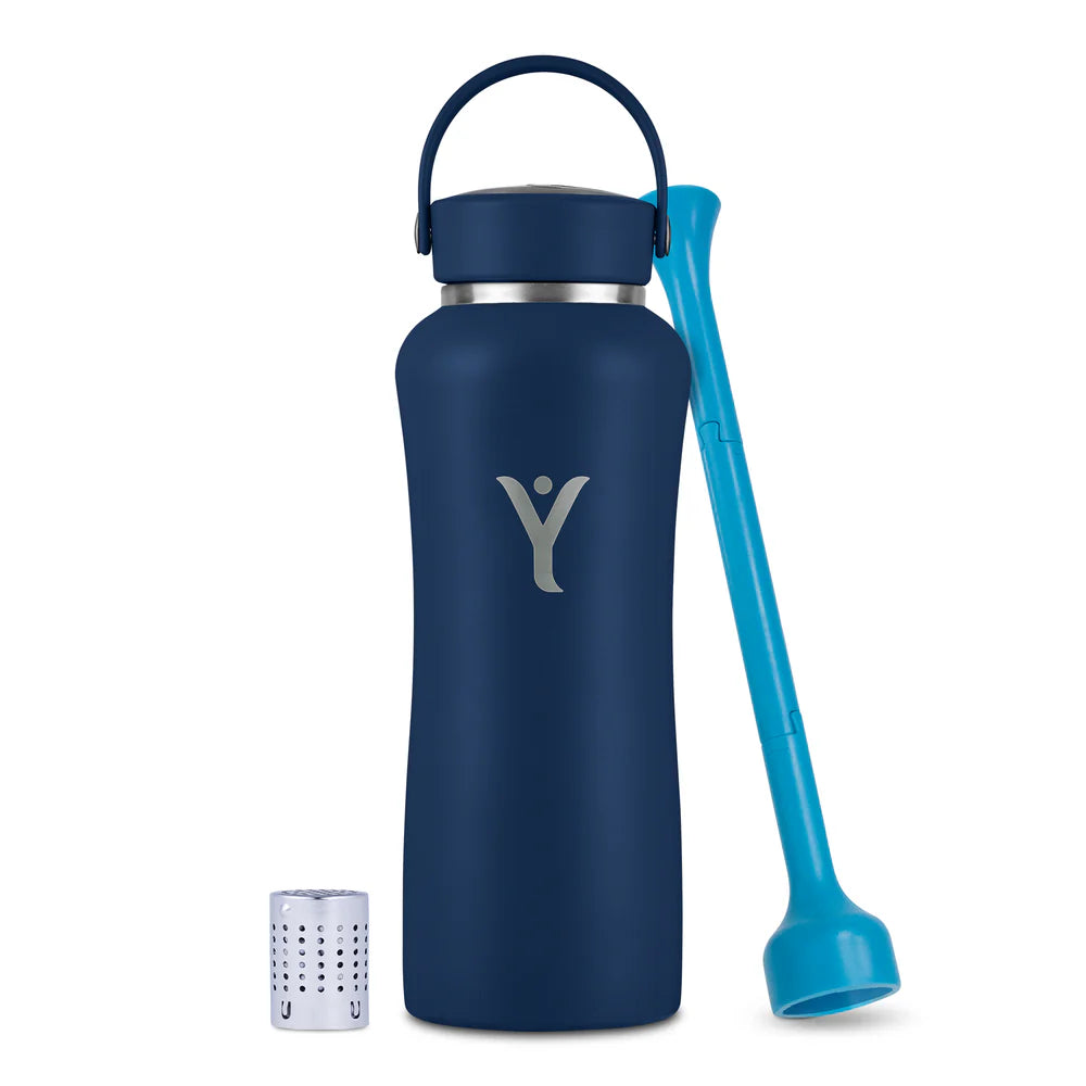 A Navy Blue-colored DYLN water bottle with a silver cap and an integrated handle. The bottle has a sleek design with the DYLN logo prominently displayed in the center. Accompanying the bottle are two accessories: a blue straw-like tool and a small metallic diffuser cap, designed to enhance the water's alkalinity. The overall aesthetic is modern and functional, making it a stylish and practical hydration solution.