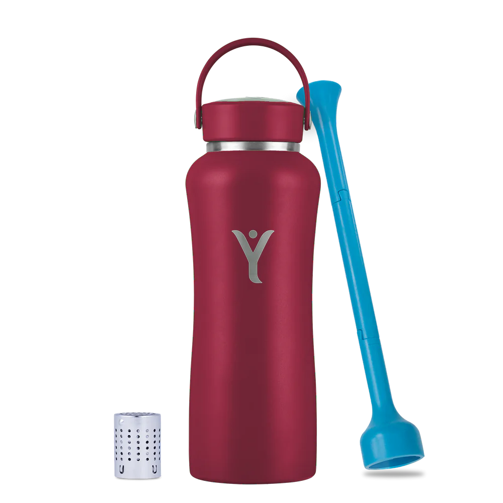 A Metallic Red-colored DYLN water bottle with a silver cap and an integrated handle. The bottle has a sleek design with the DYLN logo prominently displayed in the center. Accompanying the bottle are two accessories: a blue straw-like tool and a small metallic diffuser cap, designed to enhance the water's alkalinity. The overall aesthetic is modern and functional, making it a stylish and practical hydration solution.