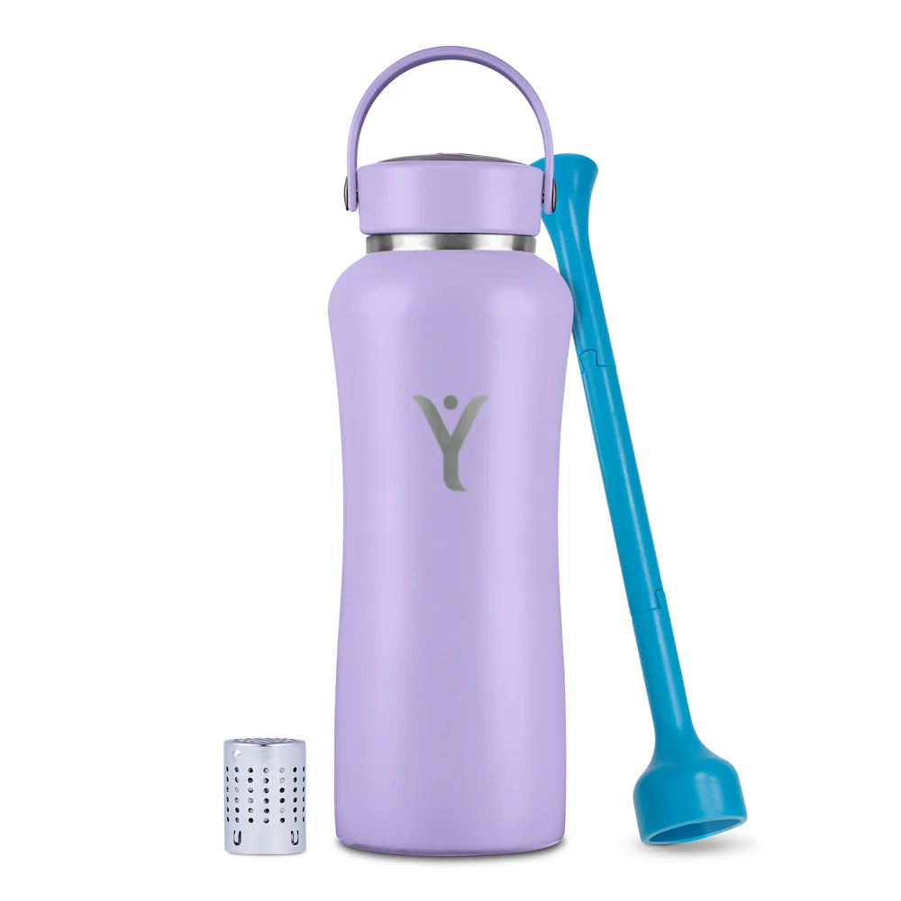 A lavender-colored DYLN water bottle with a silver cap and an integrated handle. The bottle has a sleek design with the DYLN logo prominently displayed in the center. Accompanying the bottle are two accessories: a blue straw-like tool and a small metallic diffuser cap, designed to enhance the water's alkalinity. The overall aesthetic is modern and functional, making it a stylish and practical hydration solution.