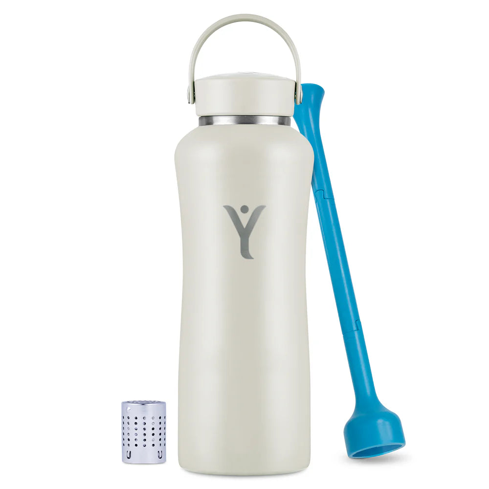 A Beige-colored DYLN water bottle with a silver cap and an integrated handle. The bottle has a sleek design with the DYLN logo prominently displayed in the center. Accompanying the bottle are two accessories: a blue straw-like tool and a small metallic diffuser cap, designed to enhance the water's alkalinity. The overall aesthetic is modern and functional, making it a stylish and practical hydration solution.