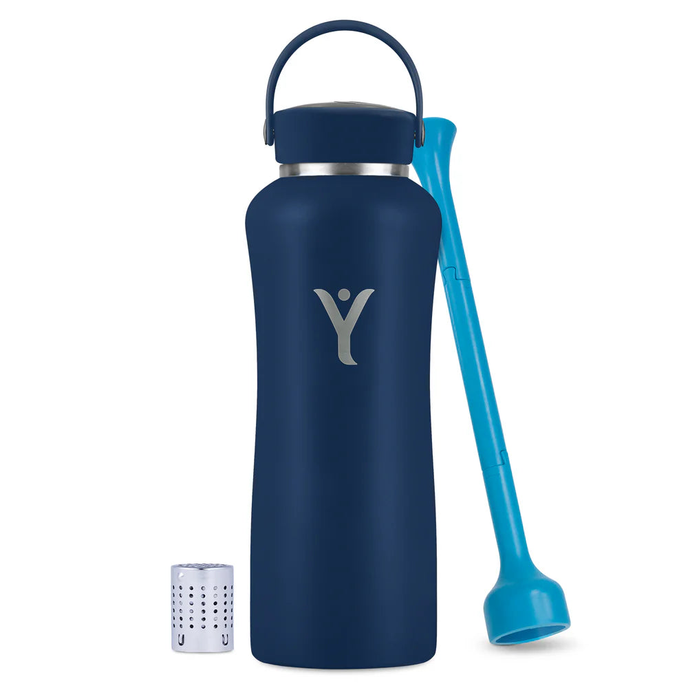 A Metallic Navy Blue-colored DYLN water bottle with a silver cap and an integrated handle. The bottle has a sleek design with the DYLN logo prominently displayed in the center. Accompanying the bottle are two accessories: a blue straw-like tool and a small metallic diffuser cap, designed to enhance the water's alkalinity. The overall aesthetic is modern and functional, making it a stylish and practical hydration solution.