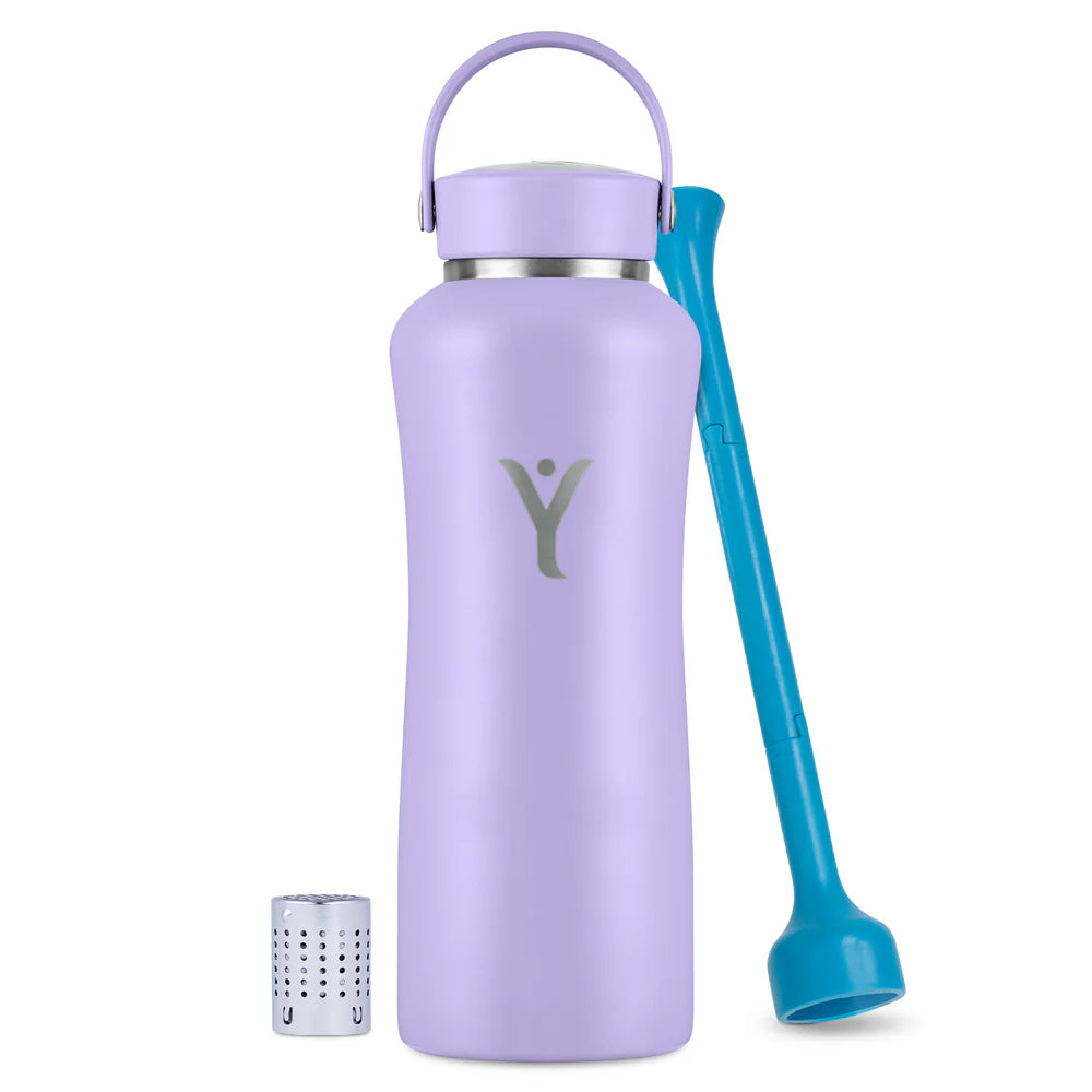 A Lavender-colored DYLN water bottle with a silver cap and an integrated handle. The bottle has a sleek design with the DYLN logo prominently displayed in the center. Accompanying the bottle are two accessories: a blue straw-like tool and a small metallic diffuser cap, designed to enhance the water's alkalinity. The overall aesthetic is modern and functional, making it a stylish and practical hydration solution.