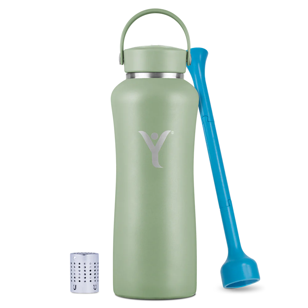 A Green-colored DYLN water bottle with a silver cap and an integrated handle. The bottle has a sleek design with the DYLN logo prominently displayed in the center. Accompanying the bottle are two accessories: a blue straw-like tool and a small metallic diffuser cap, designed to enhance the water's alkalinity. The overall aesthetic is modern and functional, making it a stylish and practical hydration solution.