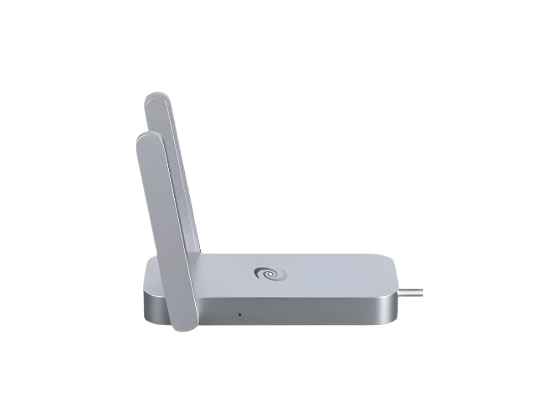 Side view of Deeper Connect Air with dual antennas and sleek metallic finish, highlighting its compact design for secure decentralized internet access.