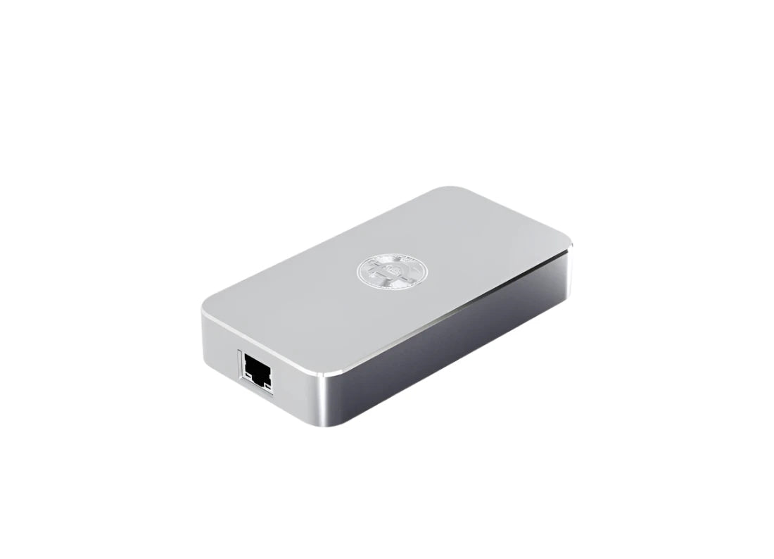 Side View of the Deeper Connect Mini SE device with a sleek metallic finish, designed for secure and private decentralized internet access in a compact form factor.