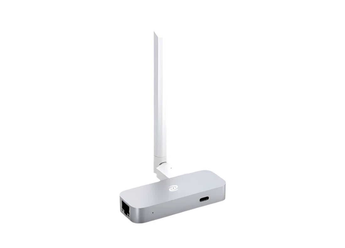 Deeper Connect Pico Lite device with an Ethernet port and USB-C connectivity, featuring a single antenna for secure decentralized internet access in a compact form factor.