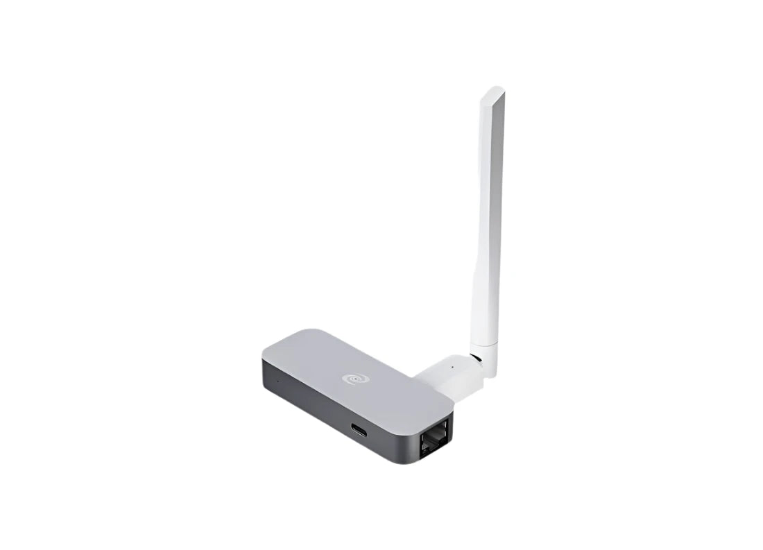 Angled view of Deeper Connect Pico Lite with a single antenna, Ethernet port, and USB-C port, offering secure and compact decentralized internet access.