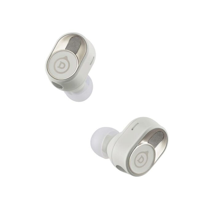 Devialet Gemini II Light Pearl earbuds and charging case