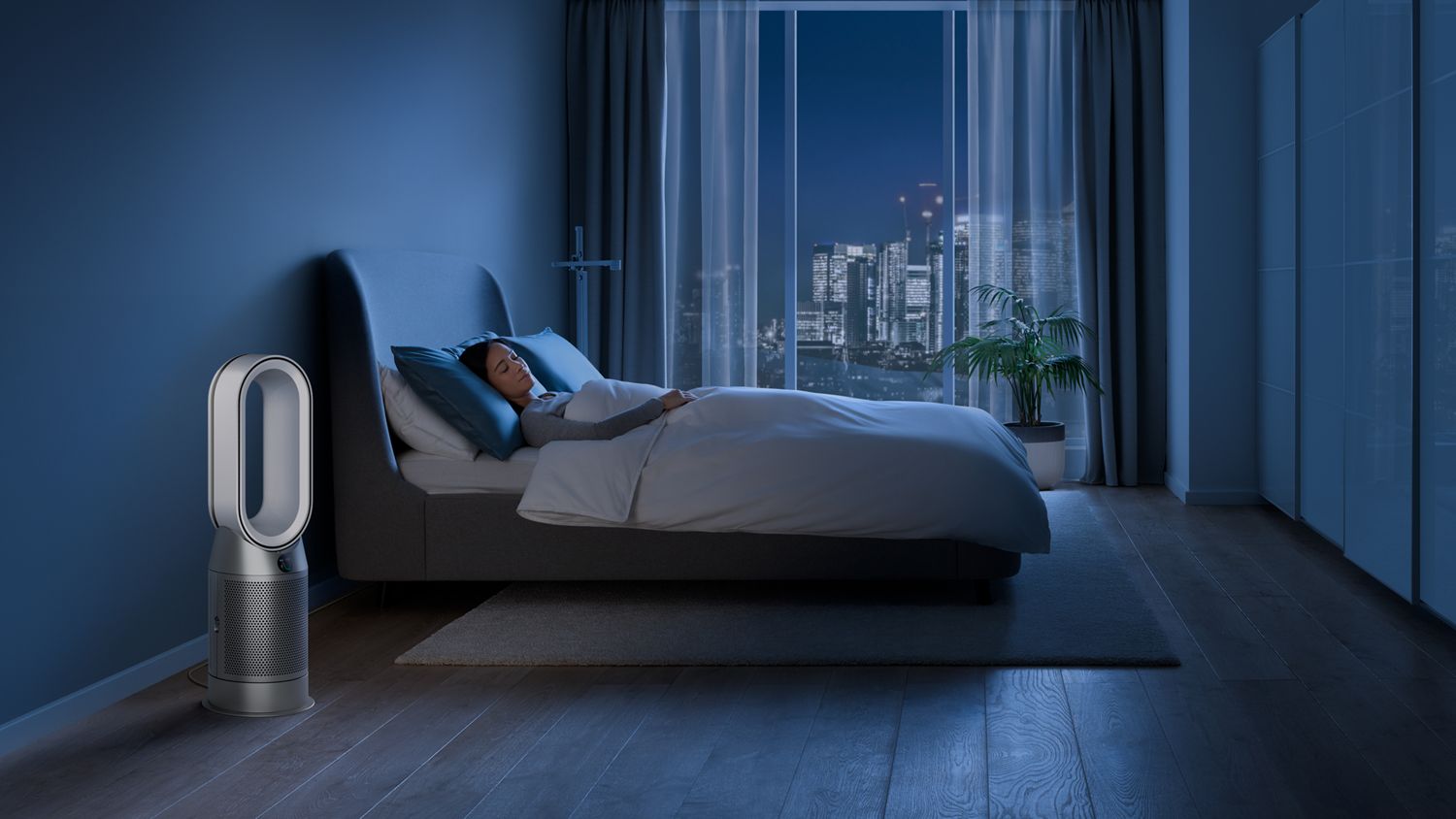 Air purifier operating quietly in a bedroom at night, creating a serene environment conducive to restful sleep and clean air.