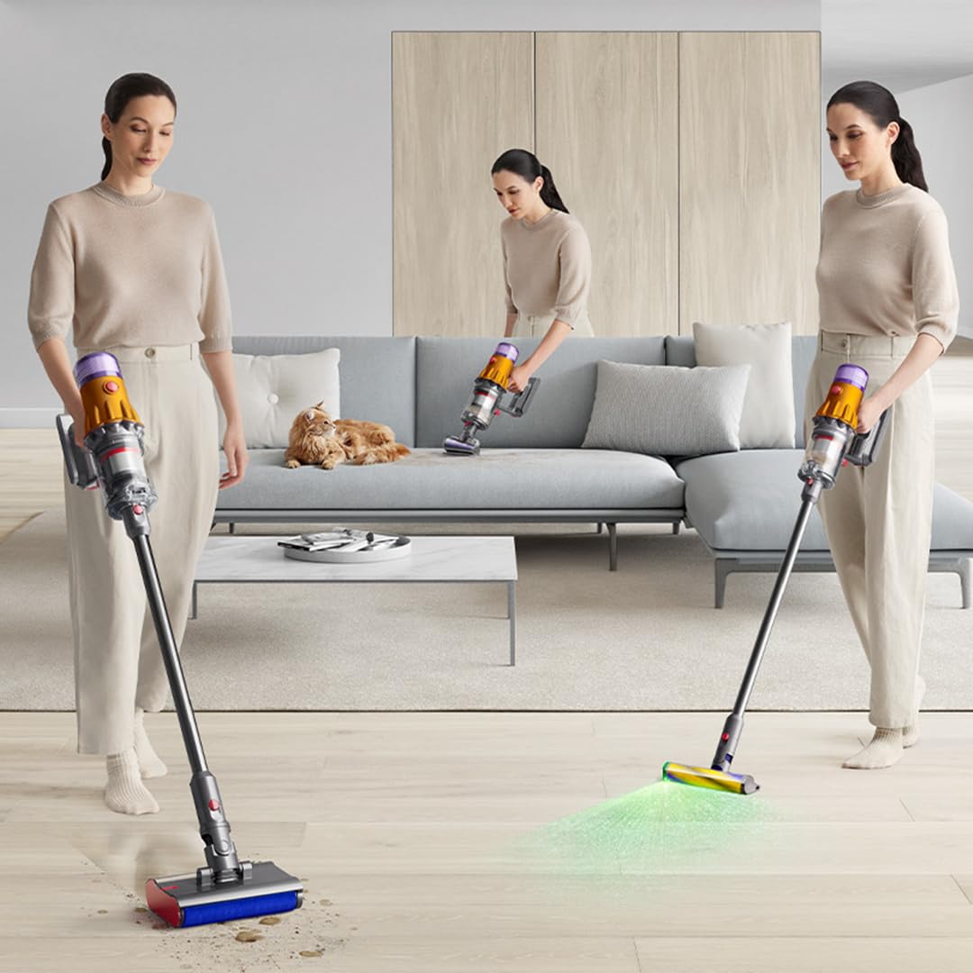 Cordless vacuum cleaner in use on hardwood floors, showcasing multi-surface cleaning capability and advanced suction technology.