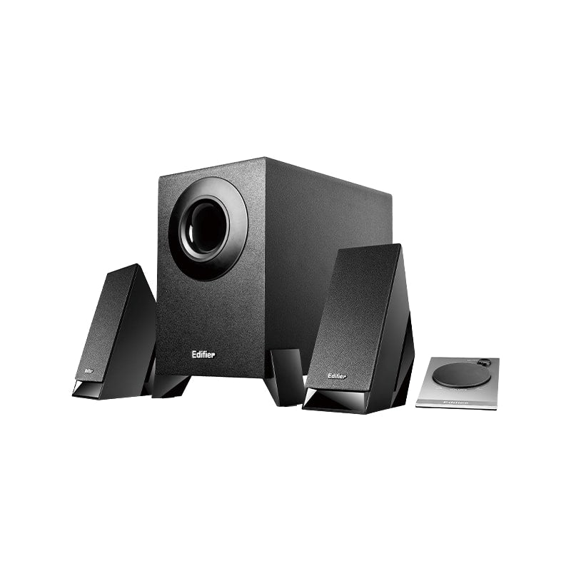 Edifier 2.1 multimedia speaker system featuring a powerful black subwoofer, two sleek satellite speakers, and a wired remote control for seamless audio adjustments, delivering rich sound and deep bass for an immersive experience.