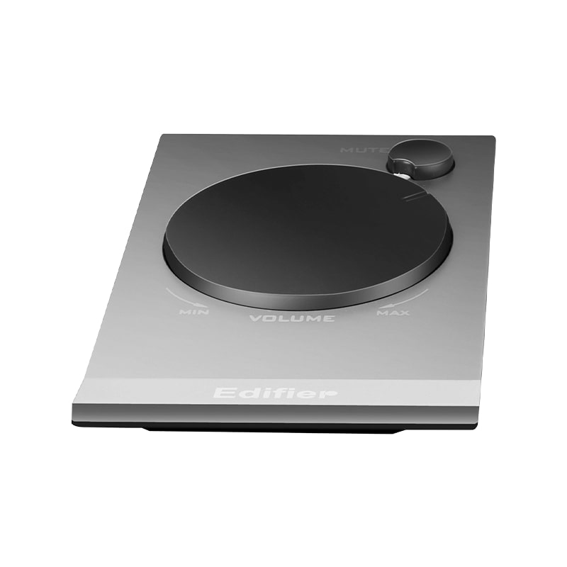 Edifier wired volume control with a sleek metal design featuring a large rotary dial for precise volume adjustment and a mute button for convenience