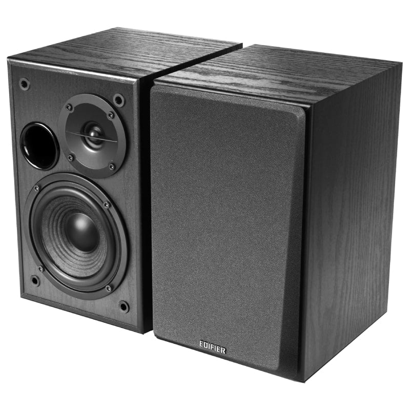 This image showcases a pair of Edifier bookshelf speakers with a classic wooden finish. One speaker has the protective grille removed, revealing the components including a tweeter, woofer, and bass reflex port, while the other retains the grille for a clean, understated look. The design highlights the speakers' blend of aesthetic appeal and audio functionality, making them suitable for various listening environments, whether in a home setting or a professional workspace.